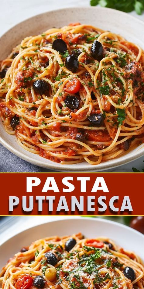 Pasta Puttanesca Ingredients: 1/4 cup extra-virgin olive oil 4 cloves garlic, smashed 4 anchovy fillets, chopped 1 (28-oz.) can diced tomatoes 1/2 cup kalamata olives, pitted 1/4 cup capers 1/2 tsp crushed red pepper flakes Kosher salt to taste 1 lb spaghetti Freshly grated Parmesan, for serving #pasta #easyrecipes Pasta Puttanesca Recipe Authentic, Olive Oil Pasta Recipes, Crushed Tomato Recipes, Pasta With Kalamata Olives, Puttanesca Pasta, Spaghetti Puttanesca, Chicken Puttanesca, Pasta Puttanesca Recipe, Anchovy Recipes