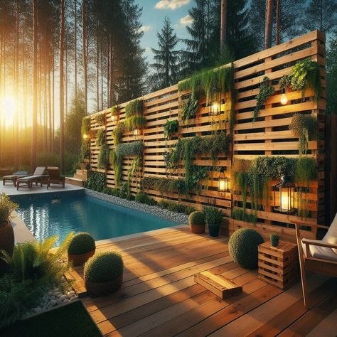 11 Amazing Pallet Fence Ideas To Transform Your Yard - My Besuited Home Privacy Fence Ideas Pallet, Pallet Wall Garden, Living Wall Privacy Fence, Privacy Fence From Pallets, Beautiful Fences, Deck Privacy Wall Ideas, Pool Privacy Landscaping, Pallet Fence Ideas, Tall Fence Ideas