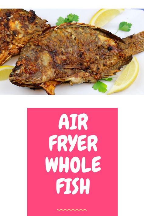 How to air fry whole fish!    Whole Fish in the Air Fryer  Ingredients:  2 Whole Tilapias 10 garlic cloves 1 tbsp oregano 1 tsp Kosher salt 1/3 cup all-purpose flour A pinch of salt and black pepper 1/2 fresh lemon juice  Instructions :  In a mortar smash garlic, oregano, and salt  Score the fish and season with the marinade  Season flour with a pinch of salt and pepper  Set air fryer to 390 for 40 minutes, flip fish after 20 minutes Squeeze lemon juice and enjoy! Air Fryer Whole Tilapia, How To Fry Fish In Air Fryer, Whole Fish In Air Fryer, Whole Tilapia Air Fryer Recipes, Air Fryer Whole Fish, Air Fryer Whole Fish Recipes, Fry Whole Fish, Whole Fish Fry Recipe, Whole Tilapia Recipes