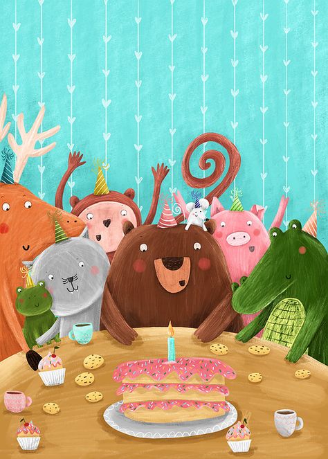 Aleksandra Szmidt - Illustrator Happy Birthday Animals, Birthday Cake Illustration, Cat Themed Birthday Party, Happy Birthday Illustration, Cake Illustration, Birthday Illustration, Illustration Agency, Bear Birthday, Birthday Pictures