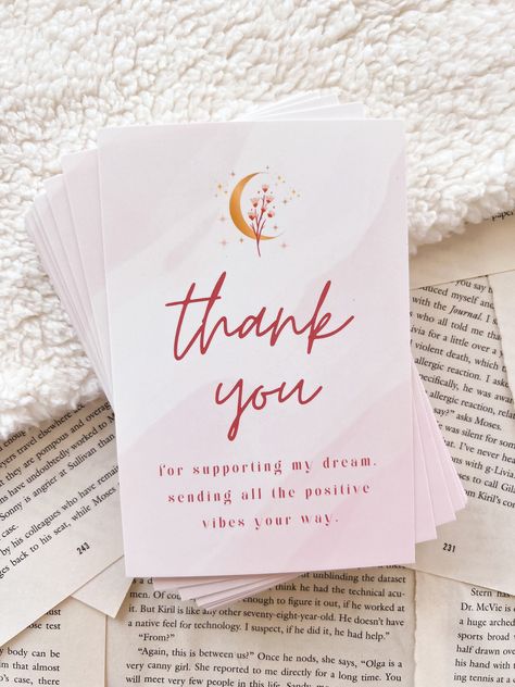 "A set of 25 or 50 thank you cards designed to make saying thank you even more special. The perfect addition to your small business and to send all the positive vibes. - 4\" x 6\" Vertical Thank You Card - Includes 25 or 50 Thank You Cards (Please Select Option) - \"thank you for supporting my dream. sending all the positive vibes your way.\" - Printed on High Quality, Thick Premium Cardstock - Velvety Smooth, Matte Finish - Design on Front, Blank on Back (Perfect for adding your own personal no Handwritten Thank You Cards Business, Diy Thank You Cards For Small Business, Branded Thank You Cards, Thank You Cards For Business, Small Business Thank You Cards Design, Creative Thank You Cards Business, Thank You For Supporting Small Business, Thank You Card For Small Business, Thank You Business Cards