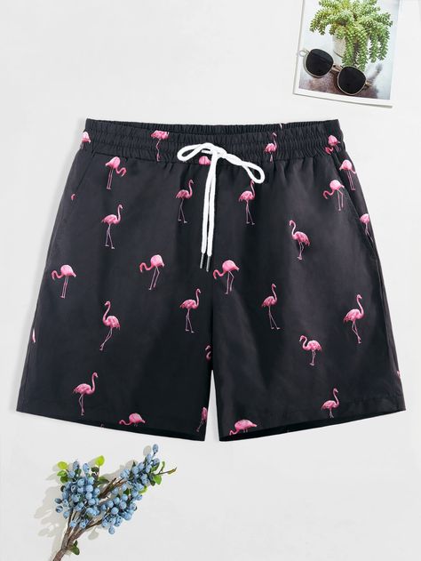 Black Vacation, Swim Trunks For Men, Men Swimwear, Black Boho, Estilo Hip Hop, Flamingo Print, Men Beach, Mens Swim Trunks, Printed Drawstring