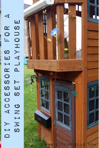 DIY Accessories for the Swing Set Playhouse: How to make a swing set playhouse more exciting and fun for children with some easy accessories. Updated Swingset, Playset Accessories Outdoor, Playset Renovation, Playscape Makeover, Playset Remodel, Treehouse Accessories, Playground Makeover, Playset Makeover, Play Houses Diy