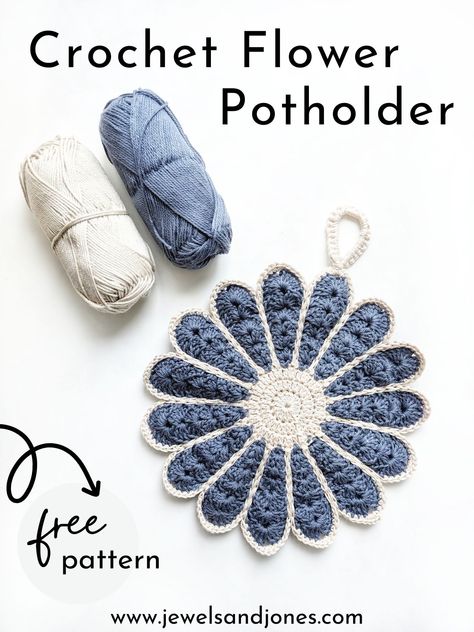 Free Crochet Flower Potholder Pattern | Jewels and Jones Crochet Granny Square Pot Holders, Crochet Flower Potholders Free Patterns, Crochet For Kitchen Ideas, Vintage Pot Holders, Crochet Flower Dishcloth Pattern Free, Crochet Flower Hot Pads Free Pattern, Flower Pot Diy Ideas, Crocheted Potholders Patterns Free, Crochet Pot Holders Free Pattern Easy