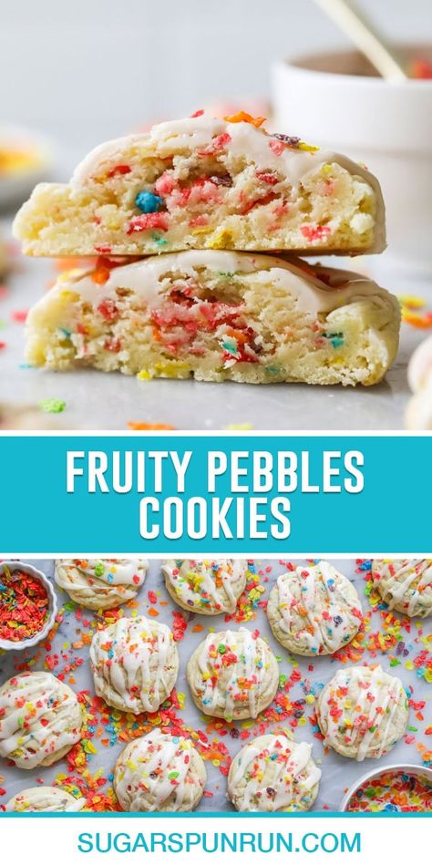 Fruity Pebbles Cookies, Fruity Pebble Cupcakes, Fruity Pebble Cookies, Sugar Spun Run, Fruity Pebble, Fruity Pebbles Cereal, Cookie Recipes For Kids, Cookies Sugar, Cereal Milk