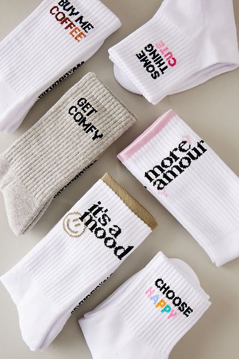 By Soxygen 82% Organic Cotton, 15% Polyester, 3% Elastane Cushioned heel & toe Arch support Unisex Machine wash Imported | Something Cute Slogan Organic Cotton Ribbed Crew Socks by Soxygen in Pink at Anthropologie Socks Product Photography, Sock Design Ideas, Sock Branding, Merch Socks, Socks Design Ideas, Merch Ideas Products, Coffee Slogans, Sock Fashion, Aesthetic Socks