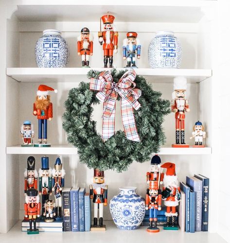 Rustic Nutcracker Decor, Nutcracker Kitchen Decor, Nutcracker Collection Display, Christmas Decor Built In Shelves, Nutcracker Mantle Display, Nutcracker Christmas Decorations Ideas, Christmas Nutcracker Display, How To Display Nutcracker Collection, Decorating With Nutcrackers Christmas