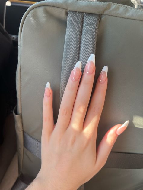 french tip inspo w gems Almond Shaped Nails With Gems, Alomd Nails Cute French, French Nails With Diamonds Rhinestones, Simple Nail Designs With Charms, White French Tip With Jewels, French Tip Jewels, Frenchies With Gems, French Tip Nails With Crystals, French With Diamonds Nails