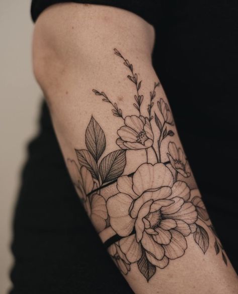 Large Floral Arm Tattoo, Flower Quarter Sleeve Tattoo, Floral Armband Tattoo, Flower Arm Band Tattoo, Flower Band Tattoo Design, Hawthorne Flower Tattoo, Floral Half Sleeve Tattoo, Coverup Ideas, Sleeve Inspiration