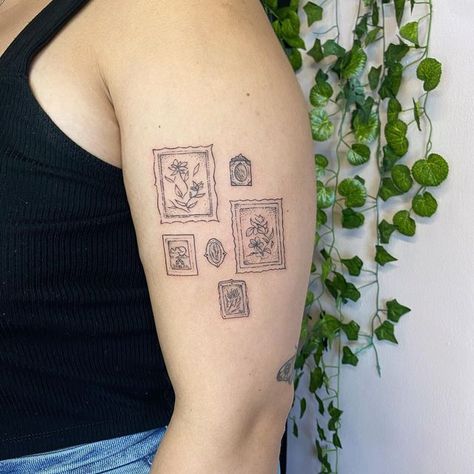 Hip Patchwork Tattoo, Gramma Tattoo Ideas, Wrapping Tattoo Ideas, Art Student Tattoo, Sleeve Space Fillers, 1 By 1 Tattoo, Photo Frame Tattoo Design, Classy Tattoo Sleeve, Small Picture Frame Tattoo