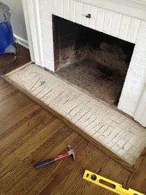 Retro Ranch Reno: Operation Hearth Re-Tile - Demo Time Tile On Floor In Front Of Fireplace, Flat Hearth Fireplace, Brick Fireplace Tile Hearth, Mosaic Fireplace Hearth, Wood Hearth Ideas, Fireplace Without A Hearth, Fireplace Hearth Makeover, Mosaic Tile Fireplace, Tile Hearth