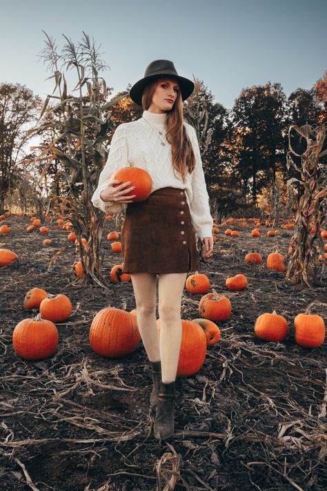 Sweater and Skirt Outfit At The Pumpkin Patch Sweater And Skirt Outfit, Pumpkin Patch Outfits, Pumpkin Patch Photoshoot, Fall Aesthetics, Patch Outfit, Sweater And Skirt, Holiday Outfits Women, Pumpkin Patch Outfit, Patch Dress