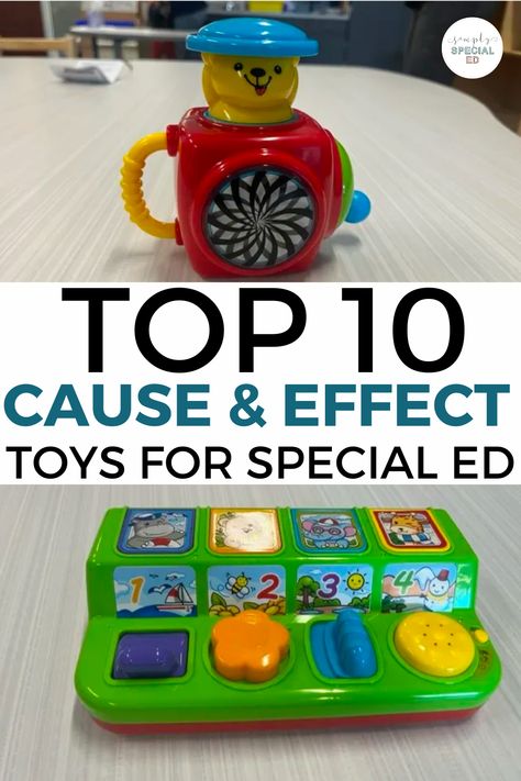 Are you looking to add some cause and effect toys to your early childhood special education classroom? Today, I’m sharing the 10 best cause and effect toys. Early childhood students will love playing pop up toys, pound a ball toy, learn and spin, and many more. Cause and effect toys for preschool kids will enjoy Pop the Weasel, sort and discover toys, and light up spinning wands. Check out the variety of toys for your children or special education students! Preschool Cause And Effect Activities, Diy Cause And Effect Toys, Adaptive Toys For Special Needs, Put In Activities, Learning Resources Toys, Cause And Effect Activities For Toddlers, Cause And Effect Toys, Pop Up Toys, Cause And Effect Games