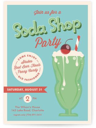 Soda Shop Party Children's Birthday Party Invitations Soda Shop Party, Soda Fountain Party, Ice Cream Parlor Party, Kids Party Invitations, Combined Birthday Parties, Unique Birthday Party, Soda Bar, Soda Shop, Celebrate Good Times