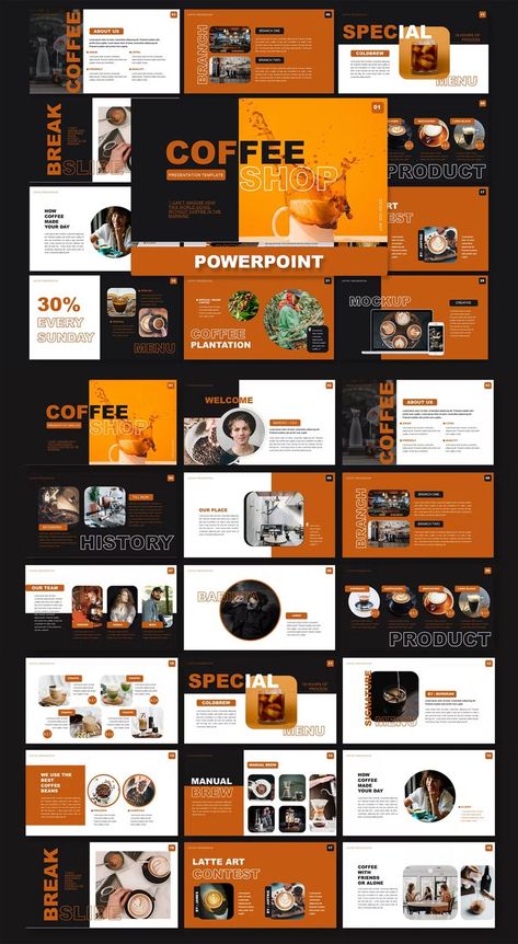 Coffee Shop Powerpoint Template. 30 Slides. Slide Deck Design Inspiration, Powerpoint Design Ideas, Presentation Design Ideas, Creative Presentation Design, Clean Coffee, Catalog Design Layout, Coffee Presentation, Creative Powerpoint Presentations, Creative Proposals