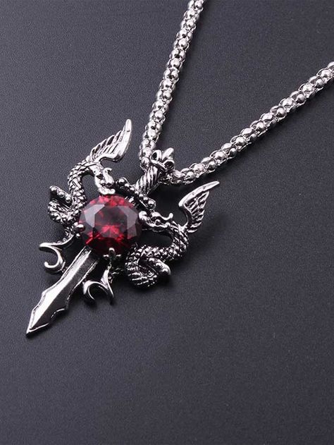 Men Animal & Sword Charm Necklace Red Pendant Necklace, Gothic Dragon, Normal Girl, Red Pendants, Dragon Necklace, Gothic Necklace, Dragon Jewelry, Red Necklace, Red Gemstones