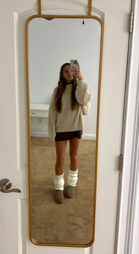 Leg warmers outfit brown dress with cream sweater and Uggs Uggs outfit Belly Thanksgiving Outfit, Thanksgiving Outfit Uggs, Sweater Dress With Leg Warmers, Cute Fall Outfit Inspiration, Fall Dress Outfit Aesthetic, Sweater Thanksgiving Outfit, Leg Warmer Aesthetic Outfit, Ugg Boots With Leg Warmers, Tasman Uggs And Leg Warmers