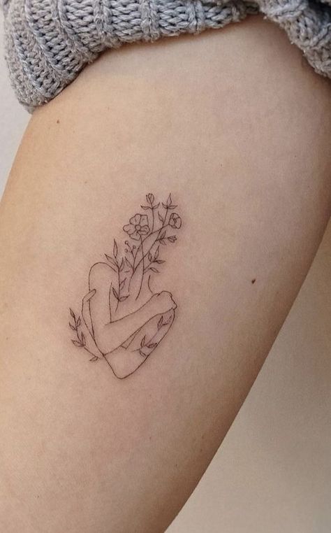 Face Outline Tattoo With Flowers, I Am Safe Tattoo, Body With Flowers Tattoo, Lady Body Tattoo, Head Flowers Tattoo, Self Esteem Tattoo, Growing Flower Tattoo, One Line Tattoo Woman, Woman Flower Tattoo