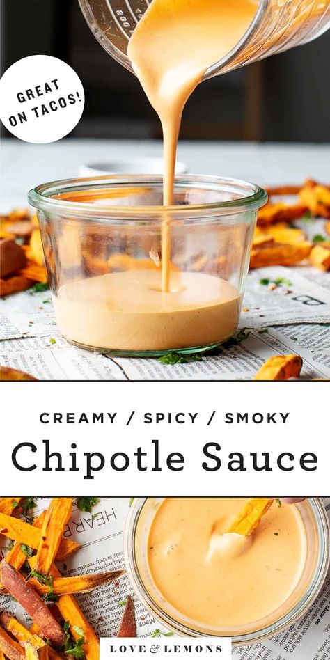 Creamy Chipotle Sauce Recipe - Love and Lemons Creamy Chipotle Sauce Recipe, Chipotle Sauce Recipe, Creamy Chipotle Sauce, Vegan Nachos Cheese, Chipotle Sauce, Adobo Sauce, Potato Fries, Homemade Sauce, Sweet Potato Fries