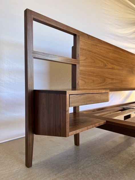 Wood Bed Headboard Design, Wood Panel Bed Frame, Headboard With Nightstand Attached Wood, Midcentury Bed Frame, King Size Bed Frame Ideas, Mcm Bed Frame, Mcm Bed, Platform Bed Ideas, Bedframe Ideas