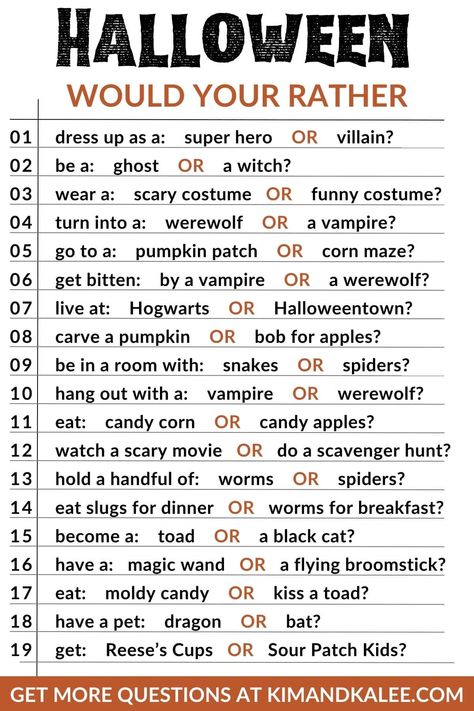 These funny Halloween would you rather questions for kids and adults are the perfect game for the whole family or with your friends! Whether you’re hosting a spooky party for kids or looking to add some laughs to an adult get-together, these funny questions are sure to entertain. No matter who you’re playing with, these... Read More The post Funny Halloween Would You Rather Questions for Kids & Adults appeared first on Kim and Kalee. Halloween Games Adults Activities, Halloween Word Games For Adults, Halloween Would You Rather For Adults, Would You Rather Halloween Questions, Halloween Questions For Kids, Fall Crafts With Friends, Halloween Would You Rather For Kids, Would You Rather Halloween, Halloween Family Party Ideas