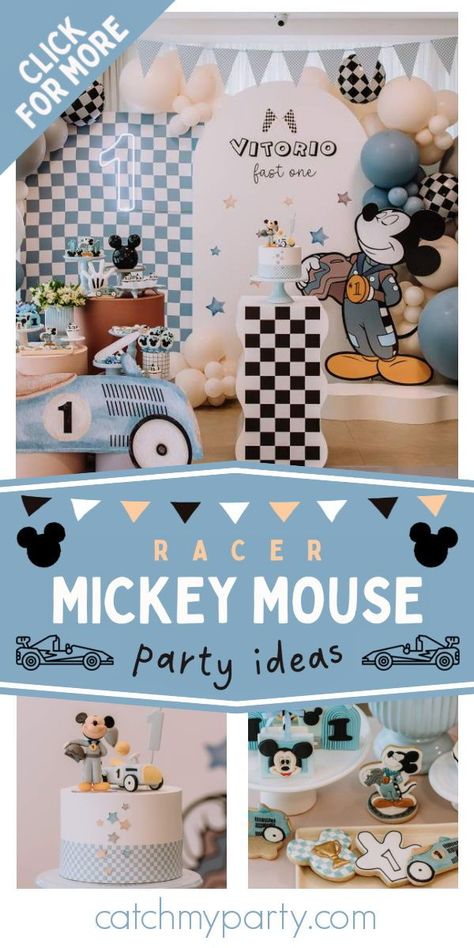 Check out this fun Mickey Racer 1st birthday party!  The cupcakes are fantastic! See more party ideas and share yours at CatchMyParty.com Muted Bluey Party, Racer Mickey Mouse Birthday, New Year 1st Birthday Party, Mickey Mouse Racers Birthday Cake, Mickey Mouse Race Car Party, Mickey One Year Birthday, Mickey Mouse Party Ideas 1st Birthday, 2nd Birthday Boy Themes Mickey Mouse, Vintage 1st Birthday Boy