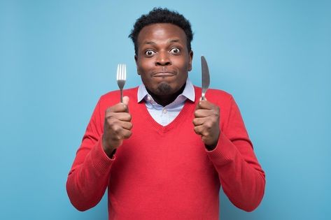 Photo hungry african man holding fork an... | Premium Photo #Freepik #photo #man-eating #people-eating #eating-food #person-eating Fork And Knife, Cartoon Man, Cartoon Drawing, African Men, Man Photo, Vector Photo, Premium Photo, Homemade Gifts, Hair Cuts