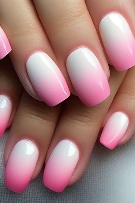 Ombre Pink and White Nails Pink White Fade Nails, Bright Pink And White Ombre Nails, White Nails Colored Tips, Pink And White Gradient Nails, Red And White Ombré Nails, White And Pink Ombré Nails, 2024 Ombre Nails, Hot Pink And White Ombre Nails, Nail Designs Ombre Color Combos