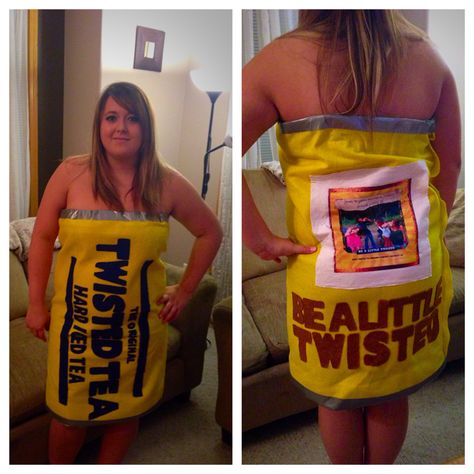 For those Twisted Tea lovers like myself: my Twisted Tea costume from Halloween! What I used: blue and yellow felt, letter stencils, hot glue gun, velcro (along the side where edges met), folded the top and bottom over an elastic then duct taped it to hold the fold and give it that "can" look, I got the picture printed on a white t-shirt at a t-shirt print shop as well for an added touch! I love how it turned out! Twisted Tea Costume, Twisted Tea Halloween Costume, Tea Halloween Costume, 3 People Costume Ideas, Tea Costume, 3 People Costumes, Twisted Tea, Party Inspo, Halloween 2023