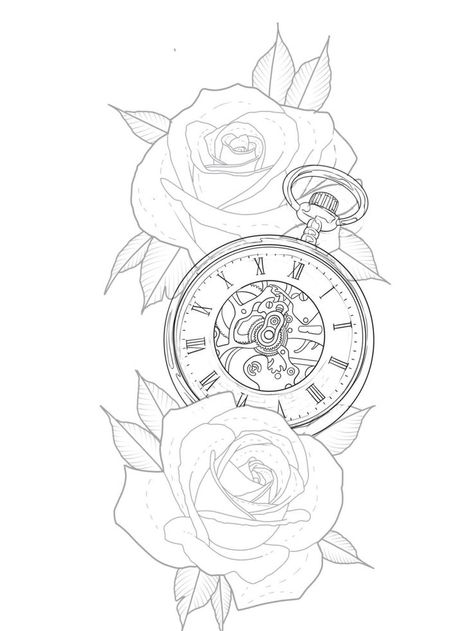 Roses And Pocket Watch Tattoo Design, Rose And Clock Tattoo Stencil, Clock Rose Tattoo Stencil, Roses And Clock Tattoo Design, Rose And Clock Tattoo Design, Pocket Watch Outline, Rose Clock Tattoo Design, Watch Tattoo Stencil, Pocket Watch Tattoo Stencil