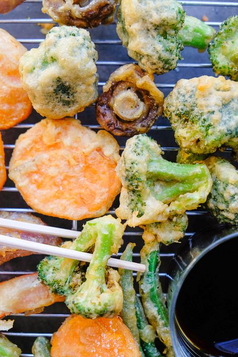 Tempura Broccoli Recipe, Eggplant Tempura Recipe, Tempura Veggies Air Fryer, Air Fryer Tempura Vegetables, Vegetable Tempura Recipe, Carrot Tempura, Tempura Eggplant, Broccoli Tempura, Eggplant Tempura