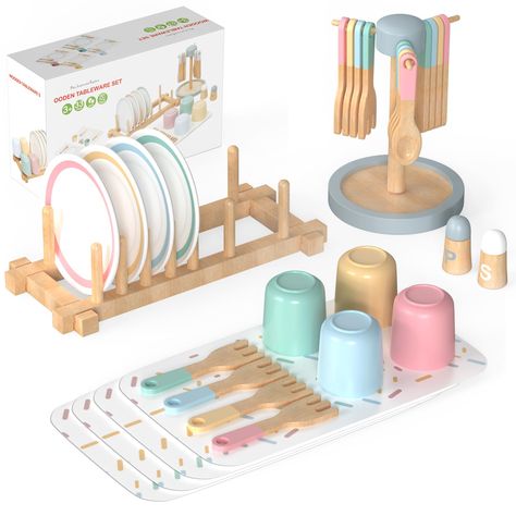 PRICES MAY VARY. 【28-piece kitchen toys for toddlers 1-3】This 28-piece kitchen appliances toys for kids role-play set contains four complete sets of tableware, including 4 plates, 4 cups, 4 knives, 4 forks, 4 spoons, 4 placemats, 2 condiment bottles, 1 plate stand, and 1 knife, fork, and spoon stand. Children can play interactive games of pretend dinner and host dinner parties together. 【Quality Craftsmanship】The wood kitchen playset are made of high-quality environmentally friendly wood, and th Kids Kitchen Playroom, Baby Kitchen Set, Kids Play Kitchen Accessories, Girls Kitchen Set, Toy Tableware, Wooden Kitchen Set, Kids Role Play, Condiment Bottles, Kitchen Playset