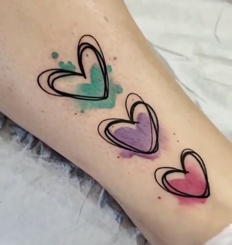 Birthstone Color Tattoo Ideas, Watercolor Hearts Tattoo, Family Birthstone Tattoo, Heart Tattoo With Color, Birthstone Tattoo Ideas Families, Tiny Watercolor Tattoo, Color Heart Tattoo, Hearts Tattoos For Women, Birthstone Tattoo Ideas