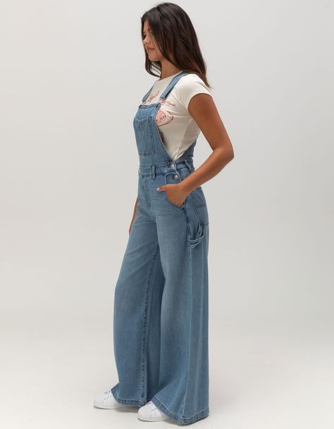 RSQ Womens Wide Leg Overalls - MEDIUM WASH | Tillys Long Sleeve With Overalls, Women’s Overalls, Feminine Overalls, Overalls For Fall, 70s Overalls, Cute Overall Outfits, Overall Women, Overalls Cute, Wide Leg Overalls