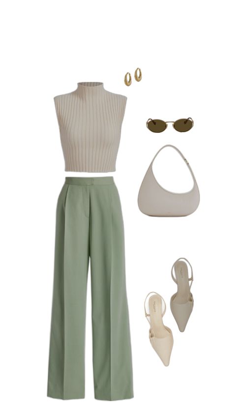 Simple outfit with a pop of mint Mint Trousers Outfit, Mint Green And White Outfit, Green Pants Outfit Fall, Mint Green Pants Outfit, Creme Outfit, Mint Pants Outfit, Green And White Outfit, Mint Green Outfits, Mint Green Pants