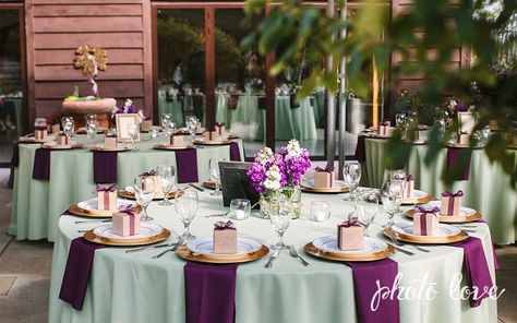 Plum and Sage wedding colors | Wedding Reception Table set up ... Sage Wedding Table Settings, Plum And Sage Wedding, Lavender Sage Wedding, Sage Wedding Table, Table Set Up Wedding, Purple Wedding Tables, Sage Wedding Colors, Wedding Table Setup, Best Wedding Colors