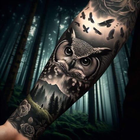 Tattoo Pols, Eagle Shoulder Tattoo, Realistic Owl Tattoo, Owl Tattoo Sleeve, Cute Owl Tattoo, Gladiator Tattoo, Poseidon Tattoo, Full Sleeve Tattoo Design, Men Tattoos Arm Sleeve