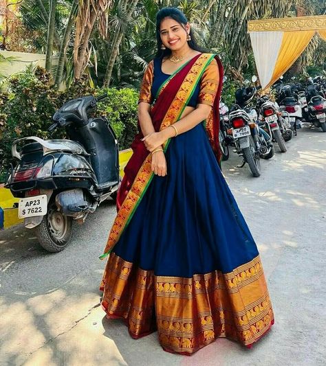 South Indian Half Saree, Indian Half Saree, South Indian Fashion, Kerala Dress, Jacquard Lehenga, Half Saree Lehenga, Half Sarees, Lehenga Designs Simple, Dresses By Pattern