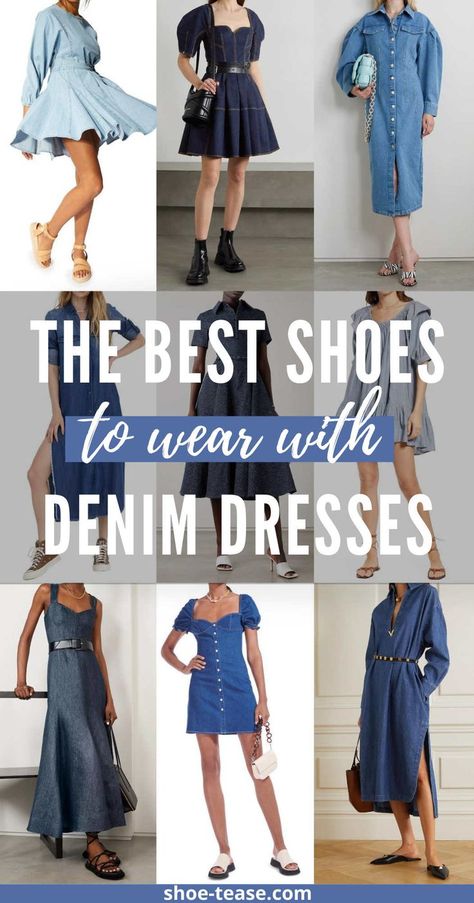 Text reading " the best shoes to wear with denim dresses" over image collage of 9 models wearing various denim dresses and shoes. Demin Dress With Boots, Blue Jean Dress Outfit Summer, Blue Jean Dress With Boots, Denim Dress And Boots, How To Style A Denim Dress, Jean Dress Outfit Fall, Lowkey Outfits, Denim Dress Fall Outfit, Denim Dress With Boots