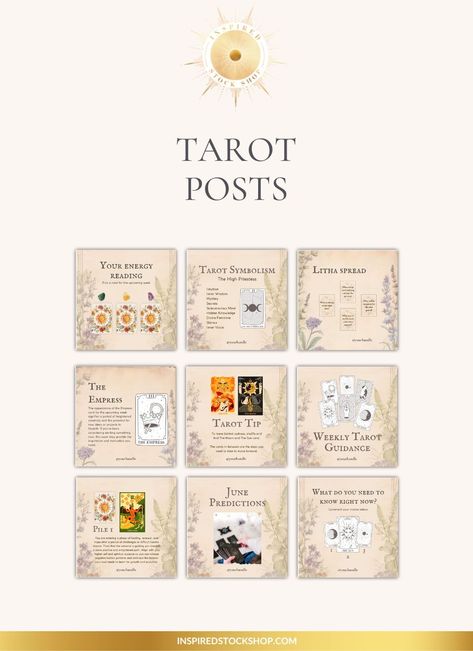 Do you share tarot or oracle card spreads online? You’ll love the Posts for Tarot Readers Canva template! With 12 templates, this Canva template is perfect for sharing energy readings, card meanings, symbolism highlights, and simple card spreads.  This template includes a Litha Tarot Spread, but you can edit the slides to create your own spreads for other sabbats or celebrations. Use it as an advertisement to encourage clients to sign up for your energy healing, card readings, and courses. Tarot Post Ideas, Tarot Template, Tarot App, Oracle Card Spreads, Card Meanings, Reading Post, Tarot Card Spreads, Spiritual Entrepreneur, Tarot Spread