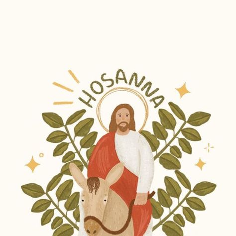 Peony&June Illustration | Roberta on Instagram: "Palm Sunday 🌿 Christ enters Jerusalem on a donkey, greeted by a crowd acclaiming him and shouting “hosanna!”, waving palm branches and laying cloaks on the ground to honor him." Hosanna Palm Sunday, Palm Sunday Painting, Palm Sunday Illustration, Palm Sunday Graphic, Palm Sunday Outfit, June Illustration, Easter Window, Palm Branch, A Donkey