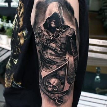 Assassin Tattoo, Assassins Creed Tattoo, Video Game Tattoos, Assassins Creed Black Flag, Gamer Tattoos, Edwards Kenway, Black And Grey Tattoo, Video Game Tattoo, Tattoos Mandala