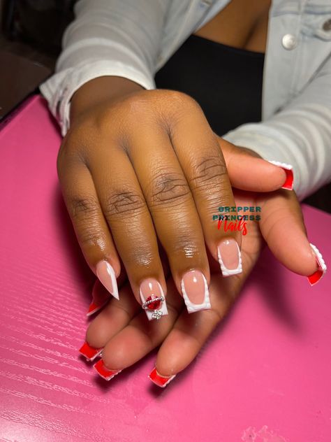 Nail Designs With Red Bottoms, Acrylic Nail Designs Short French Tip, Cute Short Red Nail Designs, Red Under Acrylic Nails, Red Bottom Nails Short Square, Red Tip Gel Nails, Red And White Nails Black Women, Red Bottom French Tip Acrylic Nails, Custom French Tip Nails