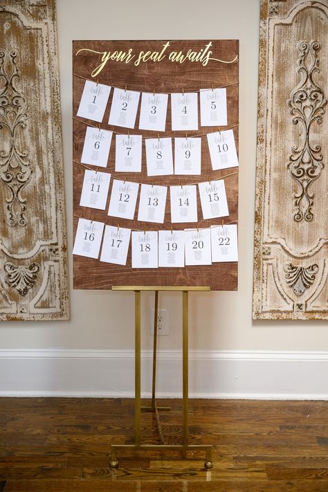 "This wood seating chart is definitely an eye-catcher for your guests to see as they enter your reception!  Specifications for Wedding Signs: Solid Pine Wood\" 1 1/2 inch thick 24 x 36 inch sign dimension Walnut Stain (pictured) Lettering color is flexible! Please choose a secondary color for lettering or type other and leave desired color in notes. After ordering, please send list of table numbers and names via etsy messaging. Due to the personalized nature of these items, no returns/exchanges/ Wood Board Seating Chart, Table Number Signs Seating Charts, Western Seating Chart, Wood Seating Chart Wedding, Wooden Seating Chart Wedding, Wedding Sitting Chart, Wood Seating Chart, Seating Chart Rustic, Rustic Wedding Seating Chart