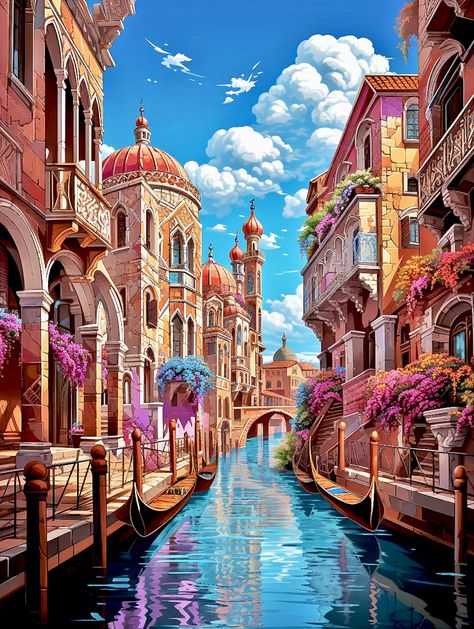 Italy Painting Aesthetic, Scenery Painting Ideas, Venice Illustration, Venice Italy Aesthetic, Italy Paintings, Town Scenery, Pastel Buildings, Venice Aesthetic, Gondola Venice