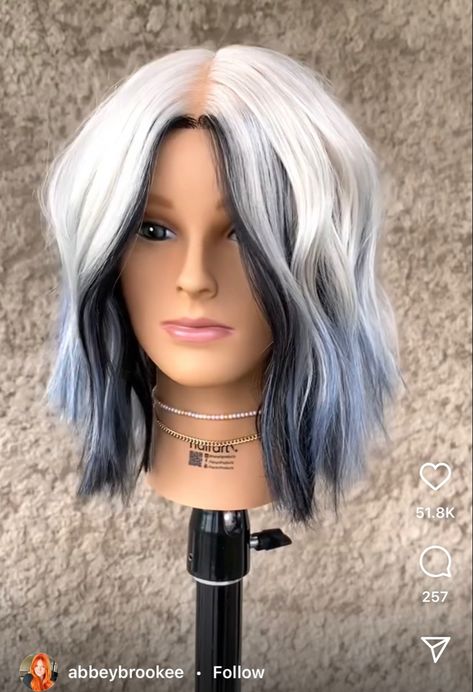 Dark Money Pieces On Blonde Hair, Silver On Top Black On Bottom Hair, Platinum And Dark Hair, White Hair Black Highlights, White Hair With Colored Highlights, Blonde Hair With Dark Money Piece, Edgy Hair 2023, Blonde Hair With Color Peekaboos Fall, Unique Haircolors