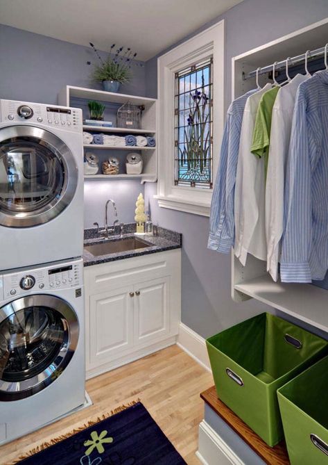 38 Functional And Stylish Laundry Room Design Ideas To Inspire Laundry Room Stackable, Laundry Room Decorating, Design Seed, Laundry Room Hacks, Laundry Room Storage Shelves, Small Laundry Room Organization, Stylish Laundry Room, Room Storage Diy, Stackable Washer And Dryer