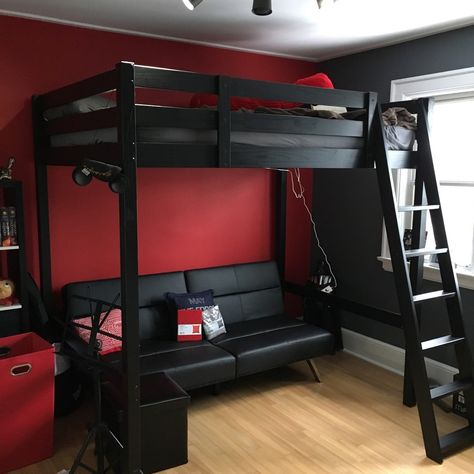 Stora loft bed. Cut 6" off legs. In room with 8' ceiling. (14cm higher than ours) Loft Bed With Chairs Underneath, Loft Bed Couch Underneath, Boy Loft Bedroom Ideas, Loft Bedrooms Ideas, Loft Bed With Couch Underneath, Black Red Room, Teen Boys Bedroom Ideas Small, Diy Loft Bed For Teens, Black Loft Bed