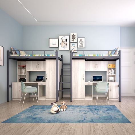 Loft Bed 2 Persons, Modern Bunk Beds With Study Table, Beds For Two People, 2kids Bedroom Small, Double Loft Bed With Desk, 2 Bunk Bed With Desk, Loft Bed For 2 People, Girl Bedroom Designs For Kids Bunk Bed, Bed For 2 Kids Small Rooms