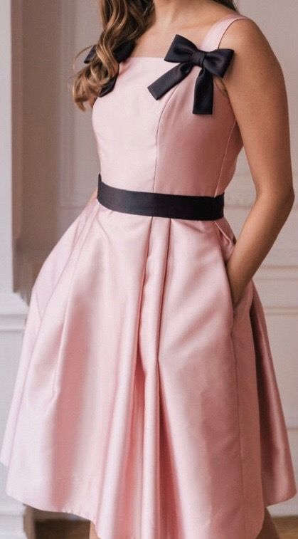 Pink Satin Dress with Black Bows Black Dress With Pink Bow, Spoiled Girl, Pink Satin Dress, Black Bows, Black Ribbon, Satin Dress, Black Bow, Pink Satin, Pink Ribbon